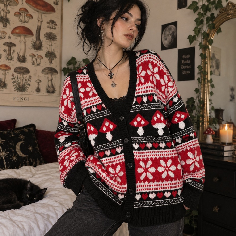 Thorn & Fable Mushroom Hearts Fair Isle Cardigan Sz S/M Whimsigoth Oversized